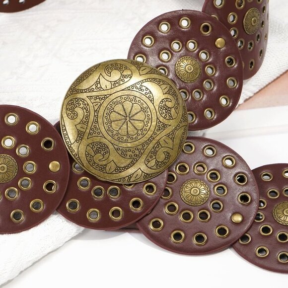 Women\'s Wide Leather Disc Belt Vintage Boho Western Chunky Waist main image 5